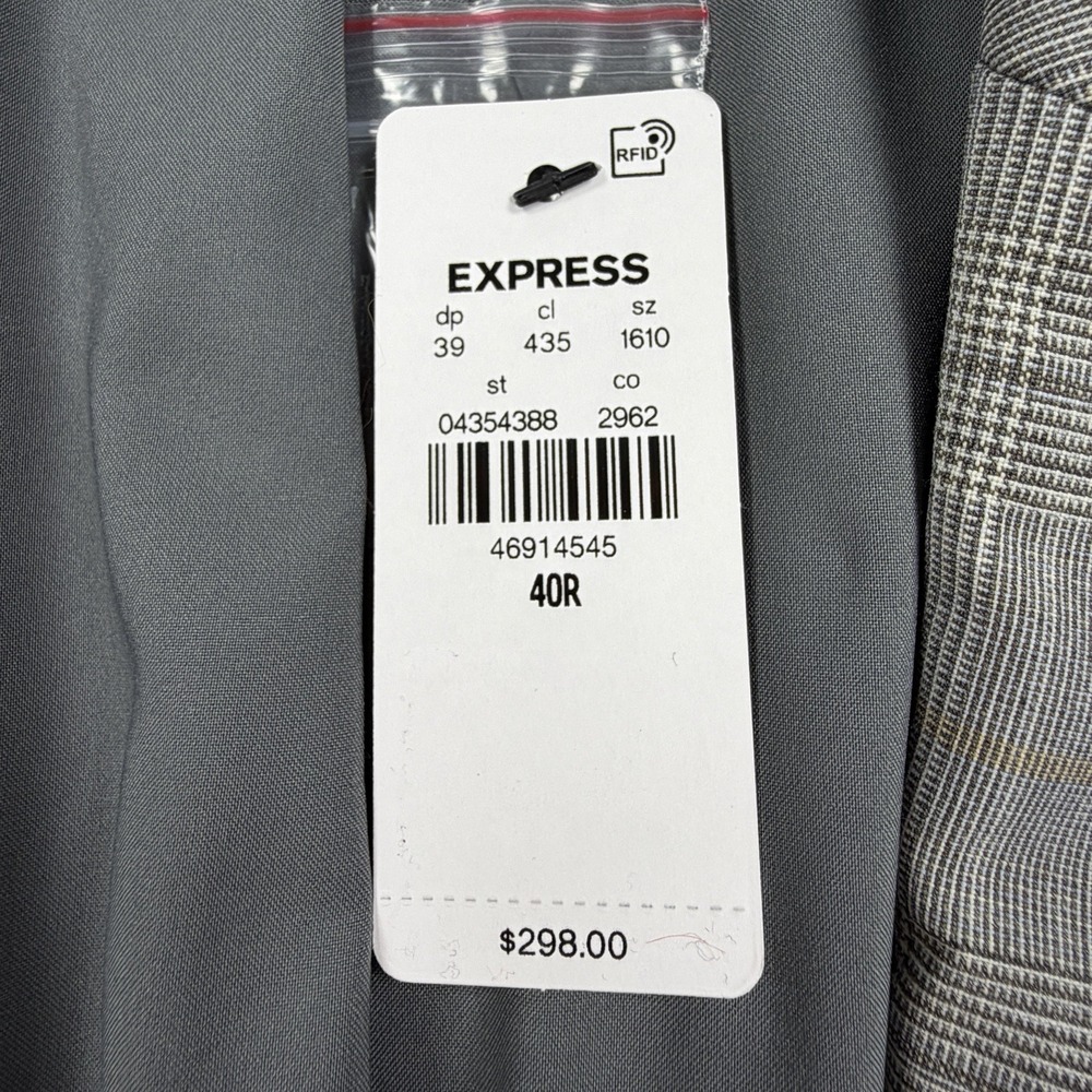 Express Mens Blazer 40R Extra Slim Gray Plaid 4 Way Stretch Wool Sport Coat NWT - Picture 6 of 11